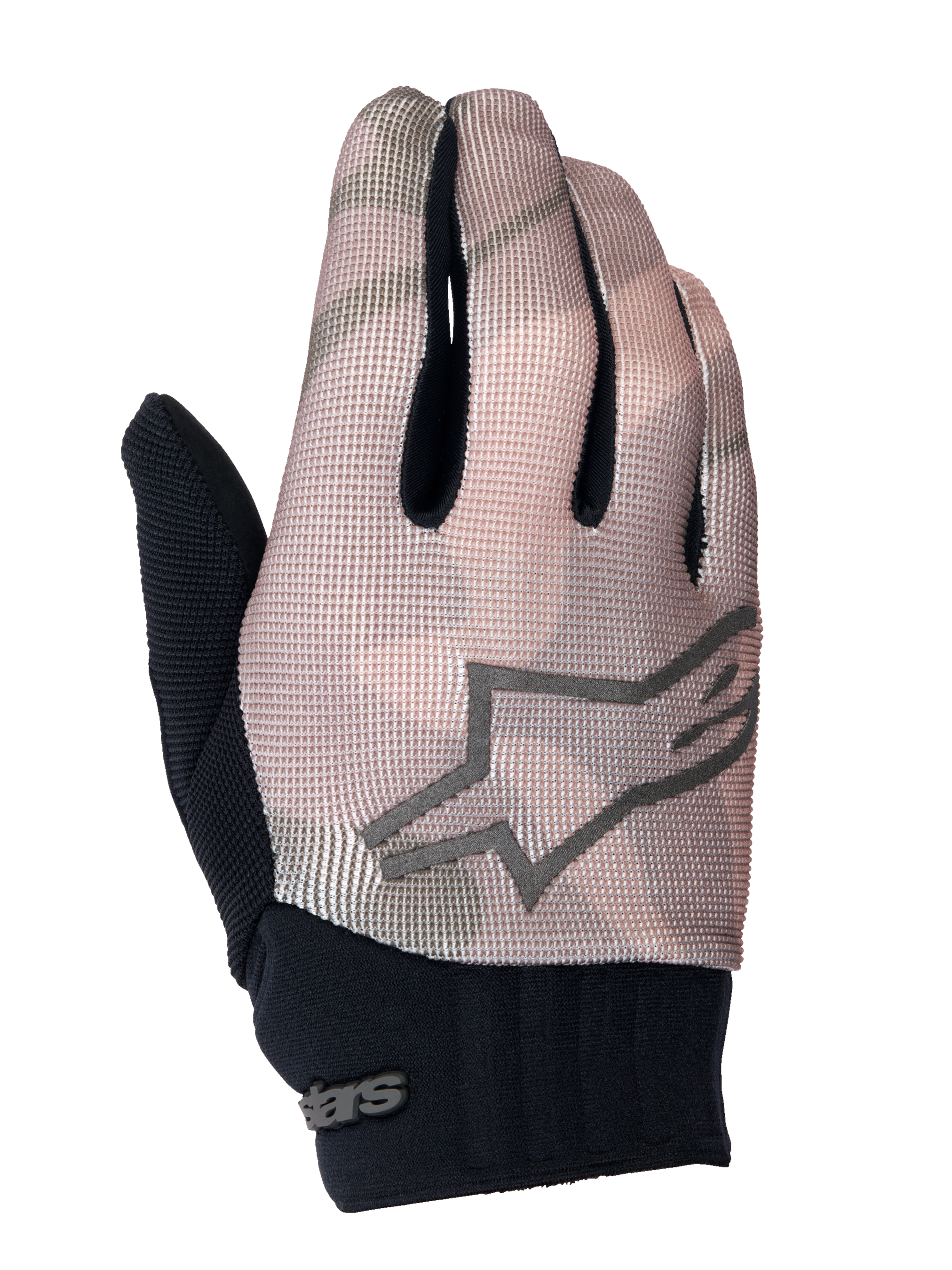 Alpinestars Youth A-Dura Gloves, gants de VTT, camouflage marron et noir, avec logo étoile gris au dos, manchette en néoprène noir et dessus en textile respirant pour jeunes pilotes