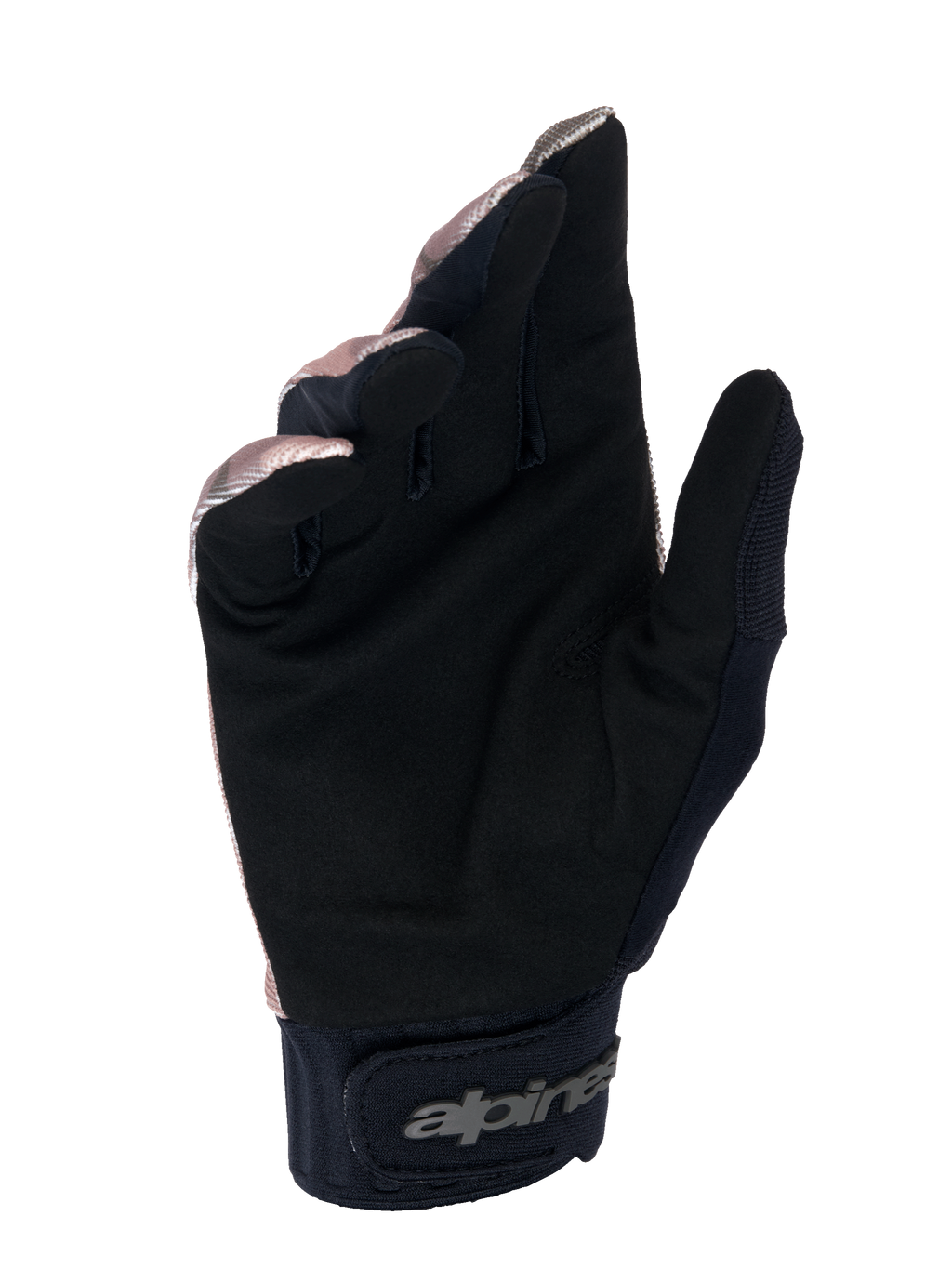 Gants Alpinestars A-Dura Squad, gants VTT, camo et marron, vue de la paume montrant le suède synthétique noir, poignet en néoprène avec fermeture à crochet et boucle et logo Alpinestars, conception durable pour le VTT