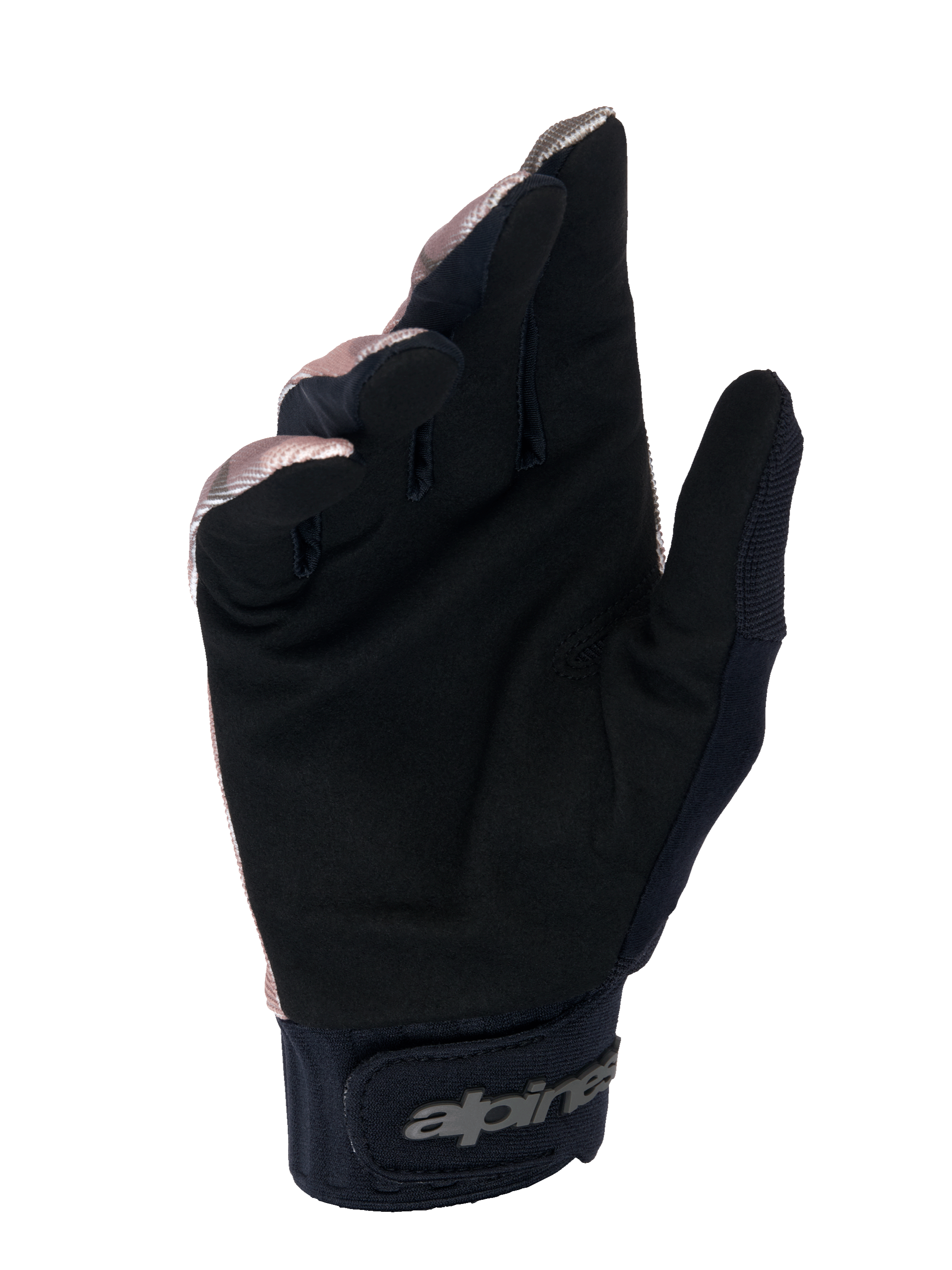 Gants Alpinestars A-Dura Squad, gants VTT, camo et marron, vue de la paume montrant le suède synthétique noir, poignet en néoprène avec fermeture à crochet et boucle et logo Alpinestars, conception durable pour le VTT
