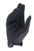 Gants Alpinestars A-Aria, gants de VTT, noirs avec logo or foncé, vue de la paume montrant le daim synthétique, les doigts perforés pour la ventilation et le patch de paume renforcé.
