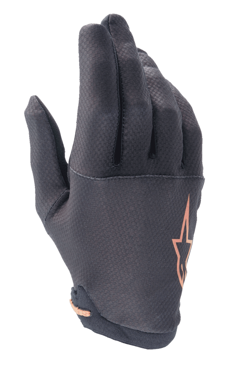 Gants Alpinestars A-Aria, gants de VTT (MTB), noir avec logo étoile or rose, dotés d'un motif quadrillé texturé sur les doigts et d'un tissu extensible léger pour le trail