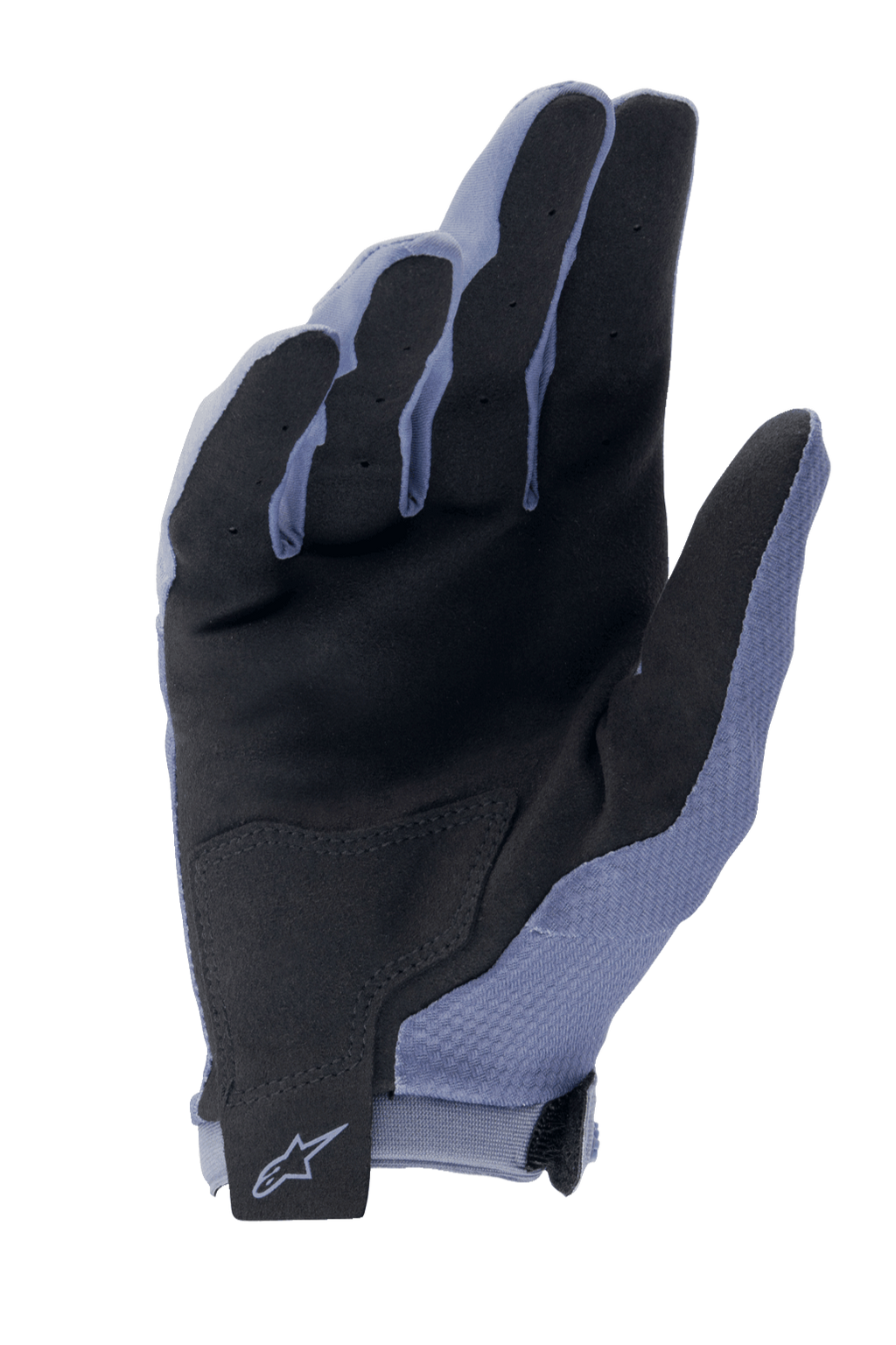 Alpinestars A-Aria Handschoenen, MTB-handschoenen, Infinity Blue en zwart, zicht op de handpalm met synthetisch suède voor grip, versterkte handpalmpatch en klittenband polssluiting met Alpinestars-logo