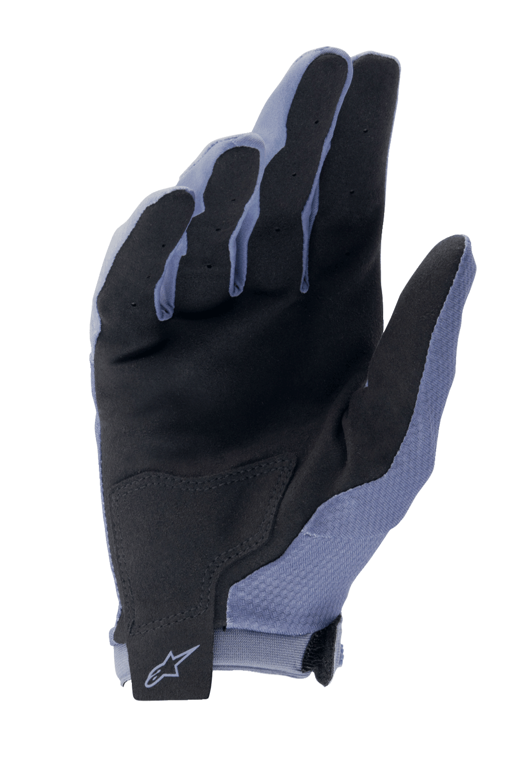 Gants Alpinestars A-Aria, gants de VTT, Bleu Infinity et noir, vue de la paume avec daim synthétique pour l'adhérence, empiècement de paume renforcé et fermeture auto-agrippante au poignet avec logo Alpinestars.