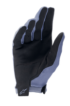 Alpinestars A-Aria Handschoenen, MTB-handschoenen, Infinity Blue en zwart, zicht op de handpalm met synthetisch suède voor grip, versterkte handpalmpatch en klittenband polssluiting met Alpinestars-logo