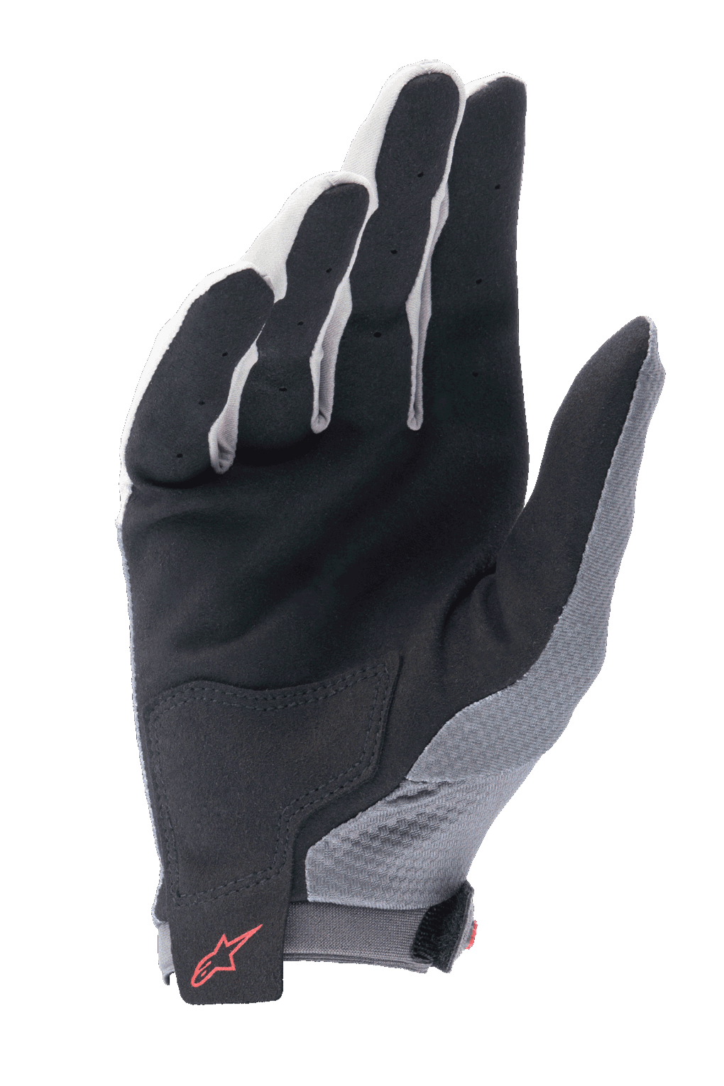 Gants Alpinestars A-Aria, gris foncé et noir, vue de la paume d'un gant de cyclisme léger avec paume en daim synthétique noir, renfort sur le bas de la paume, doigts ventilés et logo Alpinestars rouge sur la sangle de poignet à fermeture à crochet et boucle