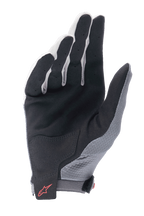 Gants Alpinestars A-Aria, gris foncé et noir, vue de la paume d'un gant de cyclisme léger avec paume en daim synthétique noir, renfort sur le bas de la paume, doigts ventilés et logo Alpinestars rouge sur la sangle de poignet à fermeture à crochet et boucle