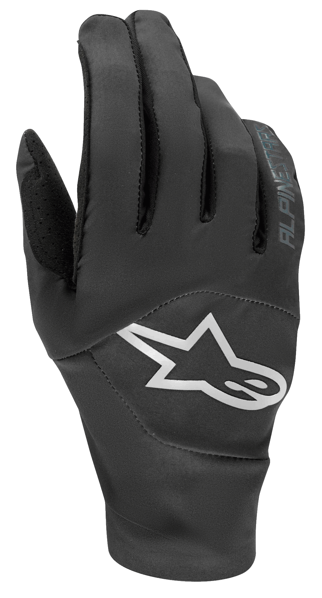 Alpinestars Drop 4.0 Gloves, gants de VTT, noirs avec un grand logo étoile blanc sur le dos de la main, construction en maille stretch respirante et design ergonomique épuré pour la pratique de l'enduro