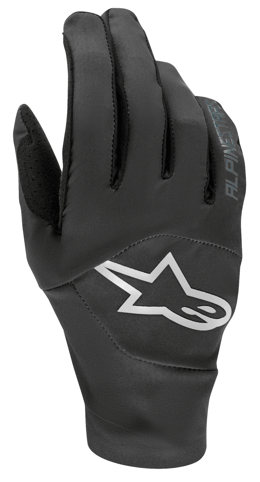 Alpinestars Drop 4.0 handschoenen, mountainbike handschoenen, zwart, met een groot wit sterlogo op de bovenhand, ademende stretch mesh constructie, strak ergonomisch ontwerp voor enduro