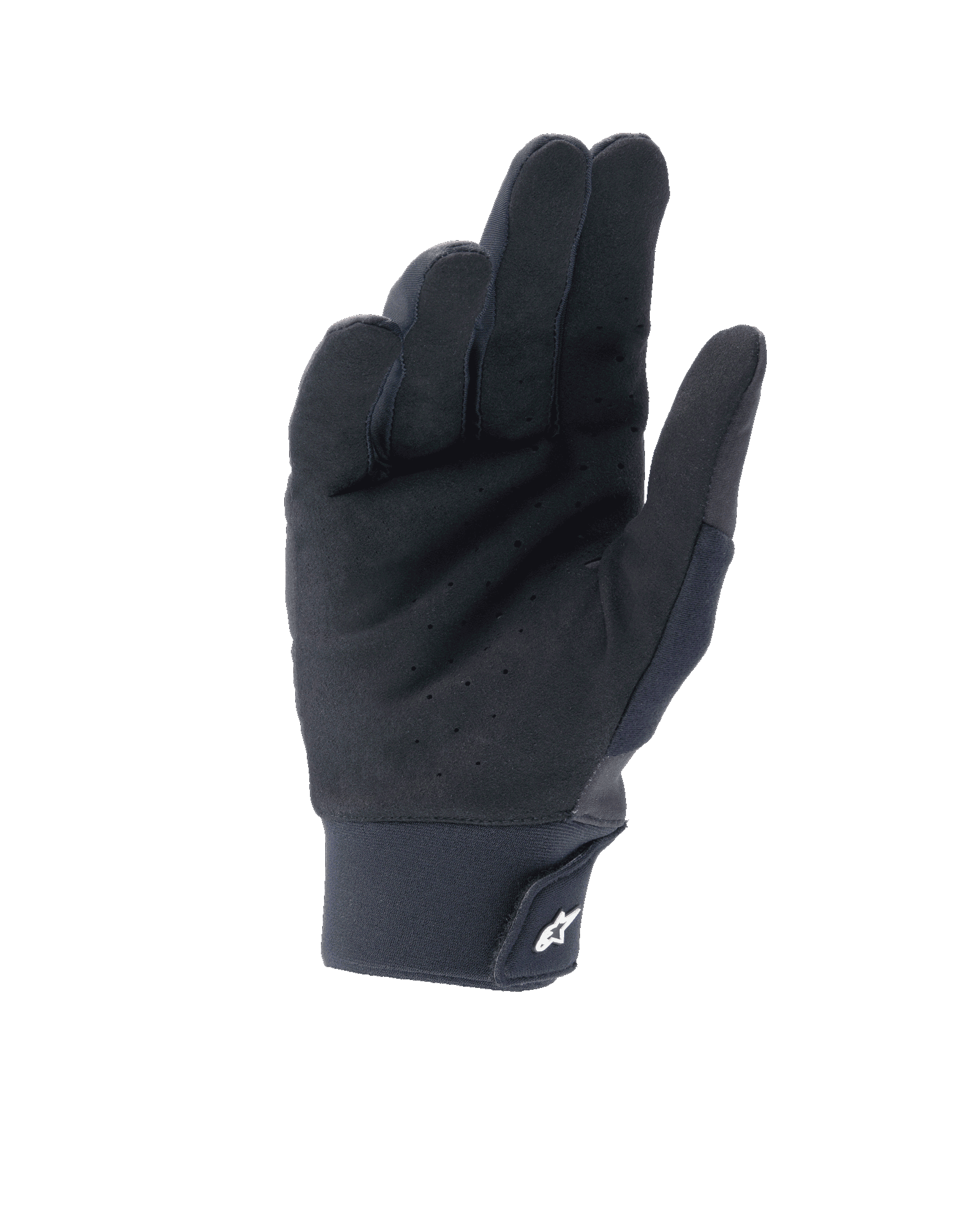 Gants Alpinestars A-Supra Shield, Noir, vue de la paume présentant du daim synthétique perforé pour la ventilation, poignet en néoprène avec fermeture à crochet et boucle et logo étoile blanc, équipement technique pour le VTT et le gravity