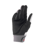 Gants Alpinestars A-Supra Shield, gants de VTT gris clair, vue de la paume montrant du daim synthétique noir perforé pour la ventilation, manchon en néoprène gris avec fermeture à crochet et boucle arborant un logo rouge