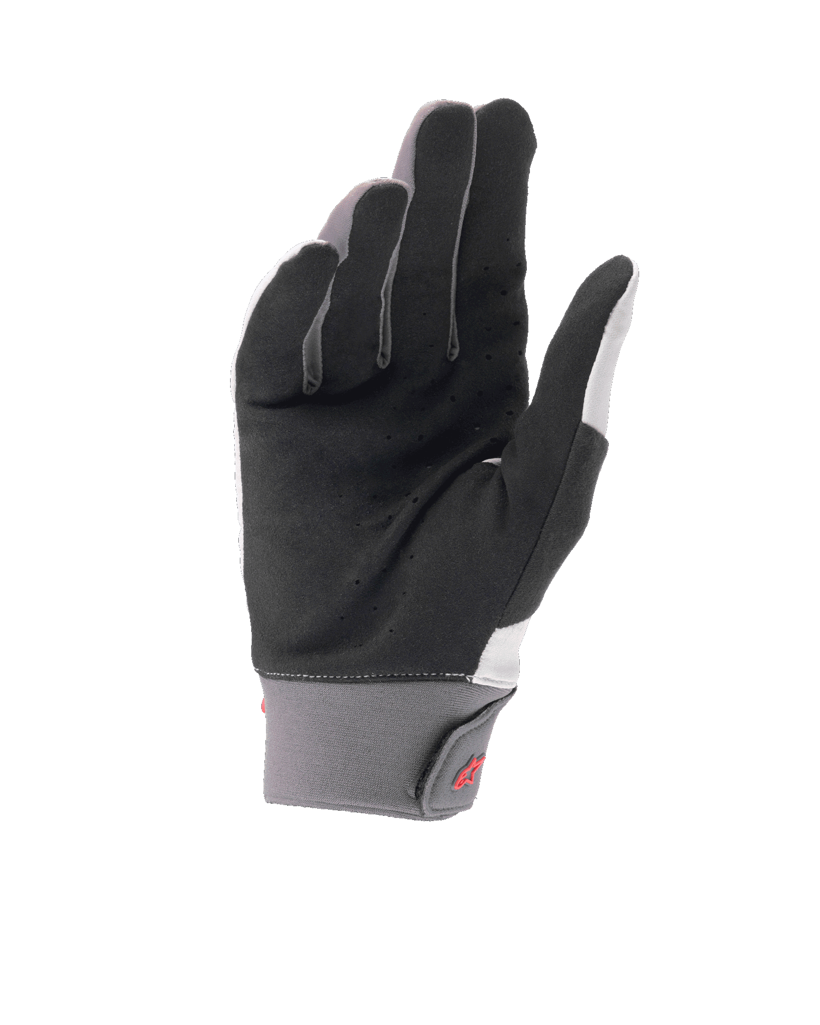 Gants Alpinestars A-Supra Shield, gants de VTT gris clair, vue de la paume montrant du daim synthétique noir perforé pour la ventilation, manchon en néoprène gris avec fermeture à crochet et boucle arborant un logo rouge