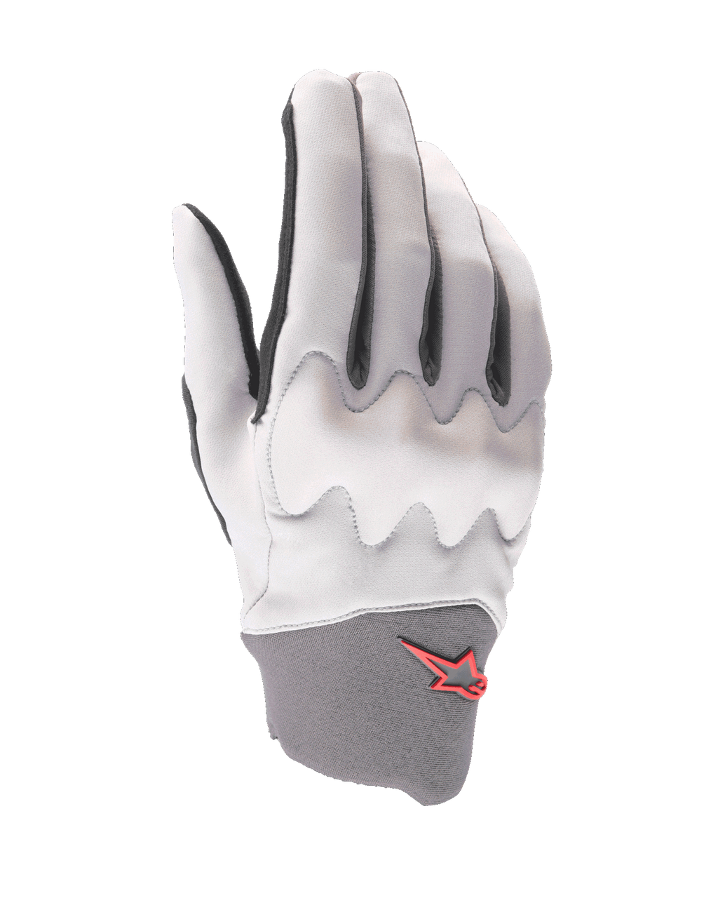 Alpinestars A-Supra Shield Gloves, gants de VTT, gris clair, avec bouclier de protection des articulations ondulé, poignet en néoprène gris foncé avec logo étoile rouge, conception ergonomique pour le VTT de descente