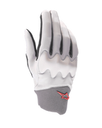 Alpinestars A-Supra Shield Gloves, gants de VTT, gris clair, avec bouclier de protection des articulations ondulé, poignet en néoprène gris foncé avec logo étoile rouge, conception ergonomique pour le VTT de descente