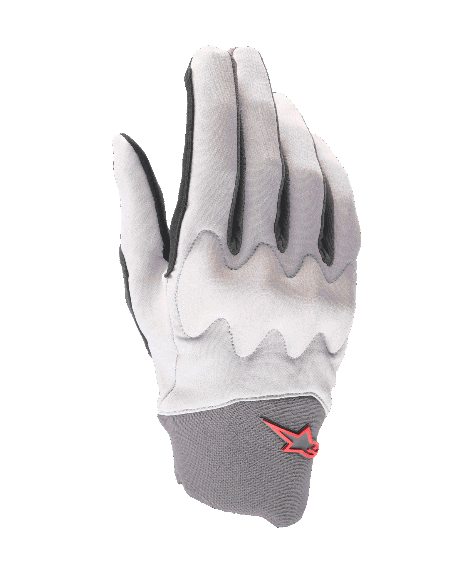 Alpinestars A-Supra Shield Gloves, gants de VTT, gris clair, avec bouclier de protection des articulations ondulé, poignet en néoprène gris foncé avec logo étoile rouge, conception ergonomique pour le VTT de descente