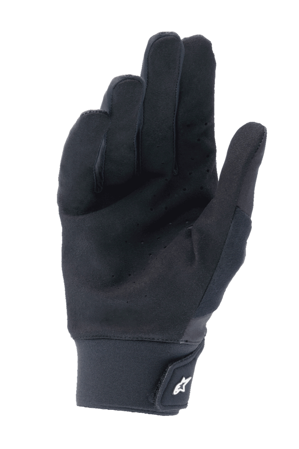 Gants Alpinestars A-Supra, noir, vue de la paume en daim synthétique perforé pour la ventilation, manchette en néoprène avec fermeture à crochet et boucle et logo blanc, équipement de VTT haute performance