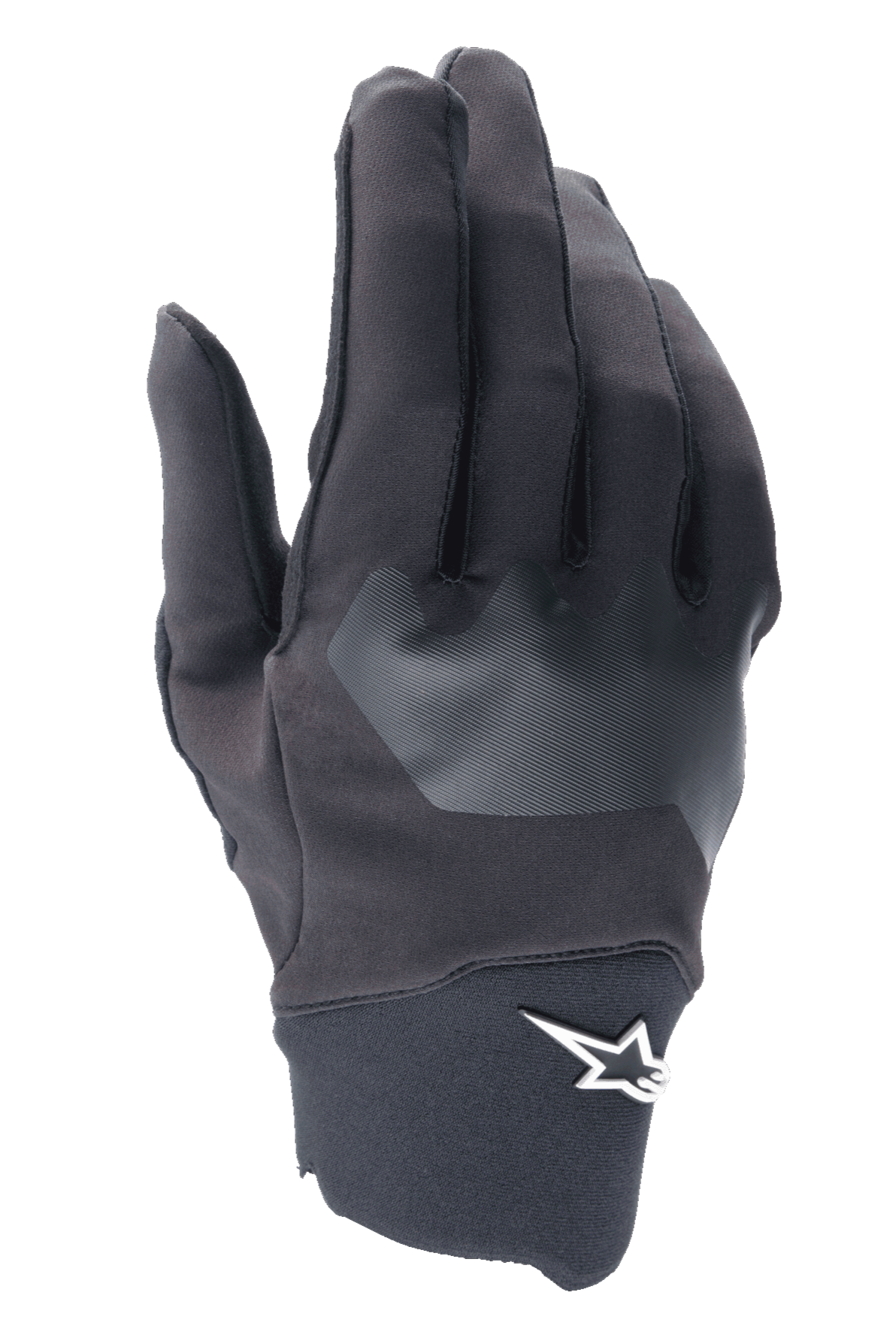 Alpinestars A-Supra handschoenen, MTB-fietshandschoenen, zwart met grijs gestructureerd paneel, wit sterlogo op de pols, flexibel spandex materiaal voor mountainbiken en off-road rijden