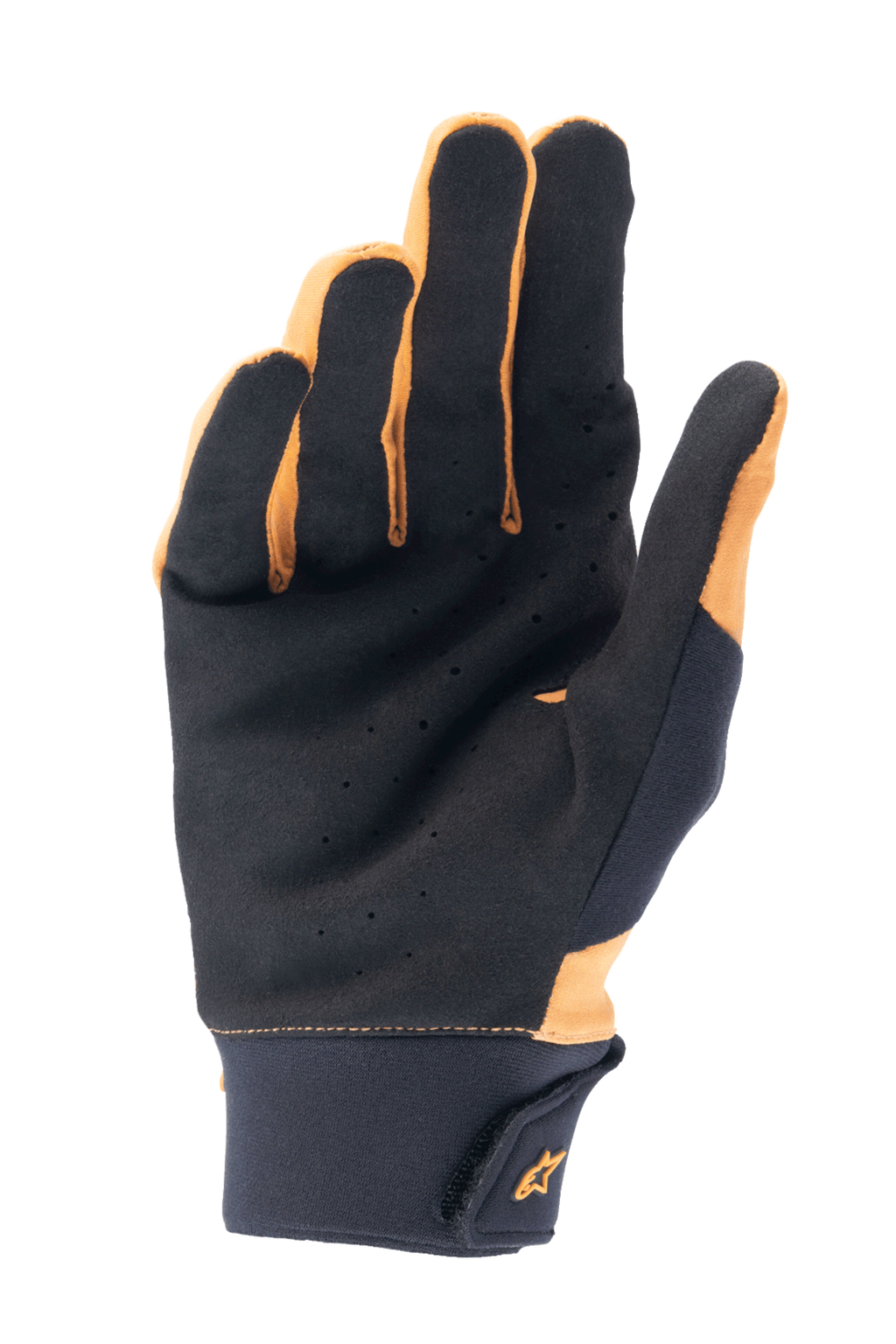 Gants Alpinestars A-Supra, or foncé et noir, vue de la paume montrant le daim synthétique perforé pour la ventilation et l'adhérence, large manchette en néoprène avec fermeture à crochet et boucle et logo doré, gants de cyclisme pour le VTT