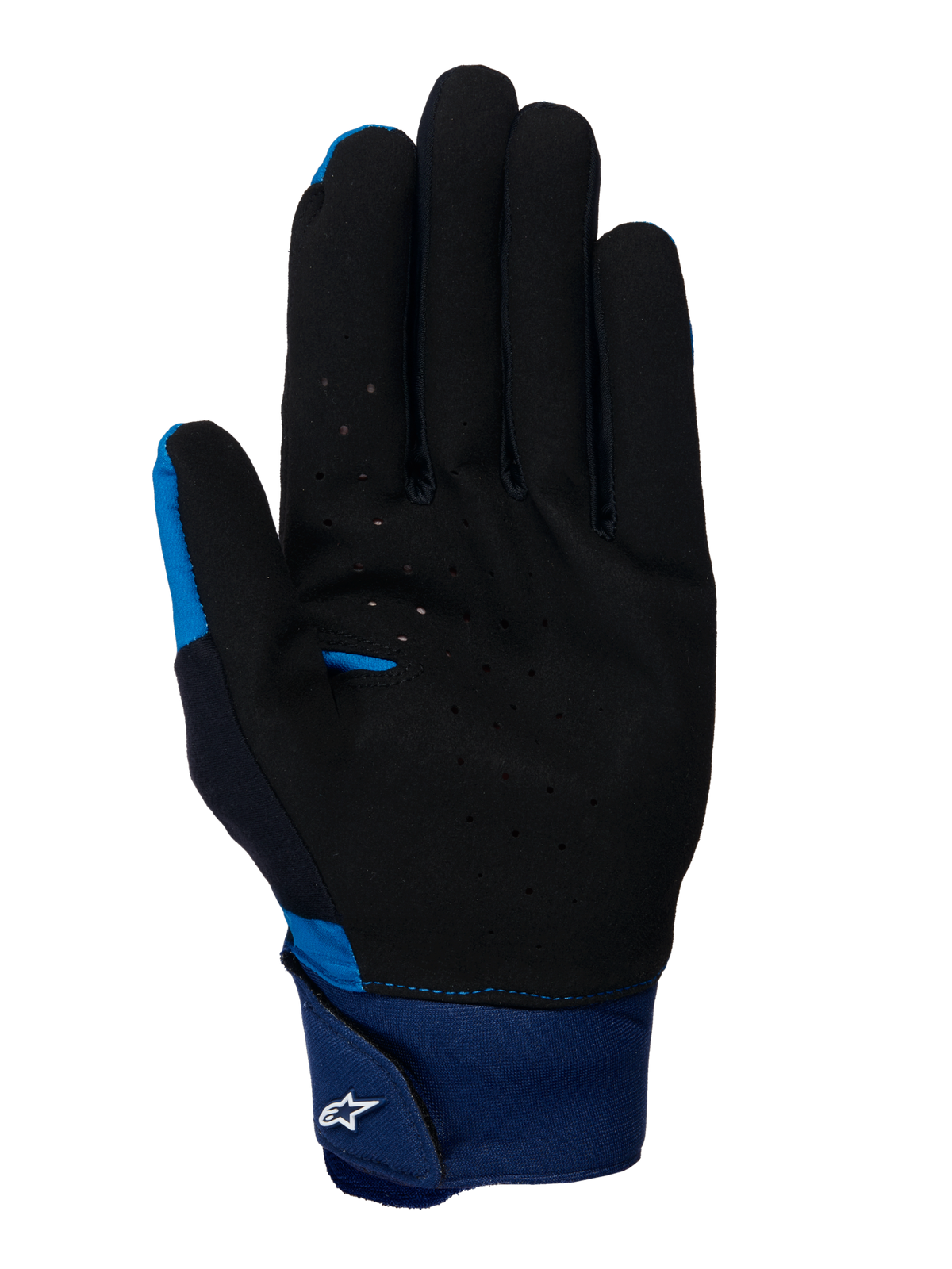 Alpinestars A-Supra handschoenen, blauwe MTB-handschoenen, handpalmzicht met zwart geperforeerd suèdemateriaal, grote blauwe neopreen manchet met klittenbandsluiting en wit Astars-logo