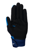 Alpinestars A-Supra handschoenen, blauwe MTB-handschoenen, handpalmzicht met zwart geperforeerd suèdemateriaal, grote blauwe neopreen manchet met klittenbandsluiting en wit Astars-logo