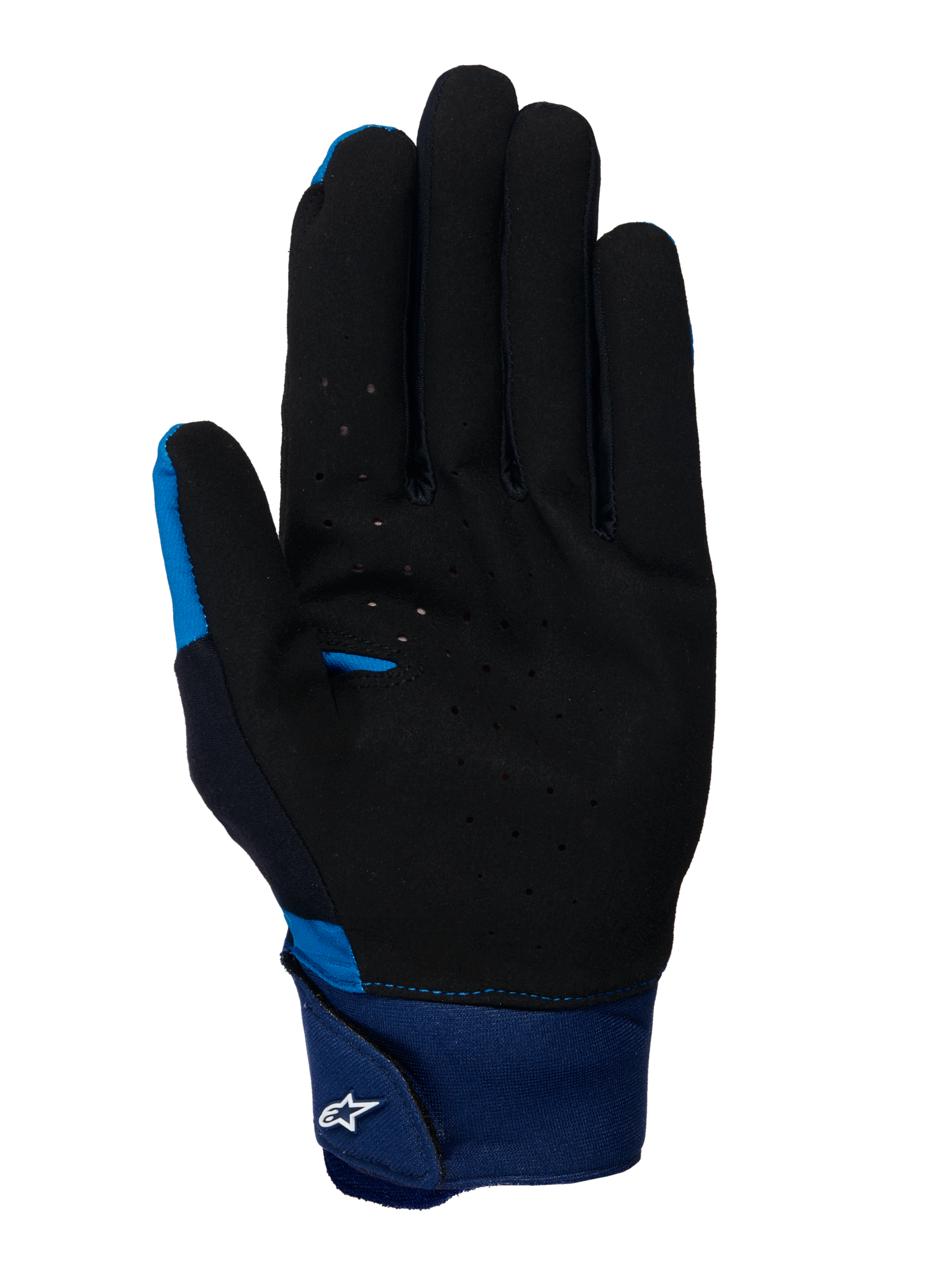 Alpinestars A-Supra handschoenen, blauwe MTB-handschoenen, handpalmzicht met zwart geperforeerd suèdemateriaal, grote blauwe neopreen manchet met klittenbandsluiting en wit Astars-logo