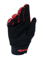 Gants Alpinestars A-Dura, gants de VTT, orange foncé et noir, vue de la paume en daim synthétique noir pour l'adhérence, large manchette en néoprène avec logo rouge sur la fermeture à crochet et boucle au poignet, conçus pour la durabilité et le toucher en VTT