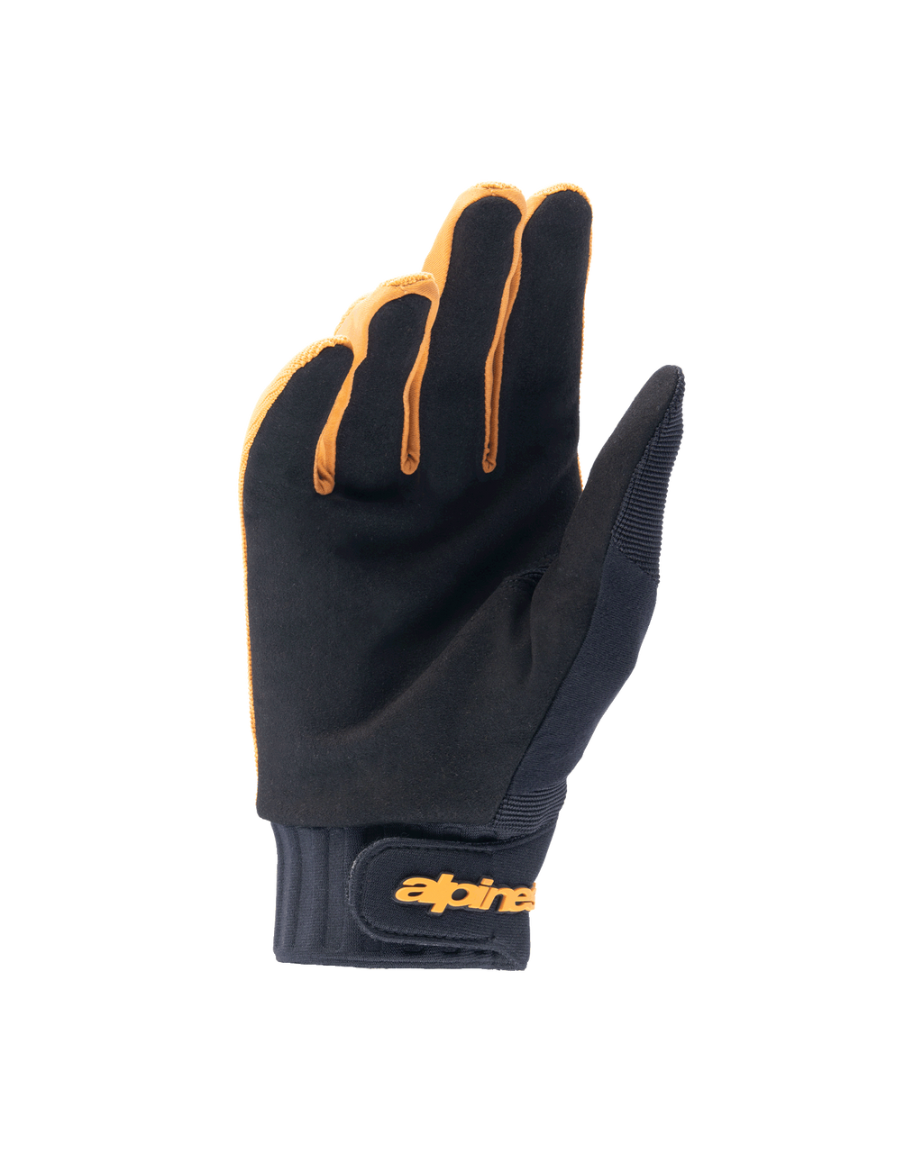 Alpinestars A-Dura handschoenen, mountainbike handschoenen, donkergoud en zwart, binnenzijde toont synthetisch suède materiaal, neopreen manchet met gouden klittenbandsluiting aan de pols, ontworpen voor grip en mobiliteit bij het fietsen
