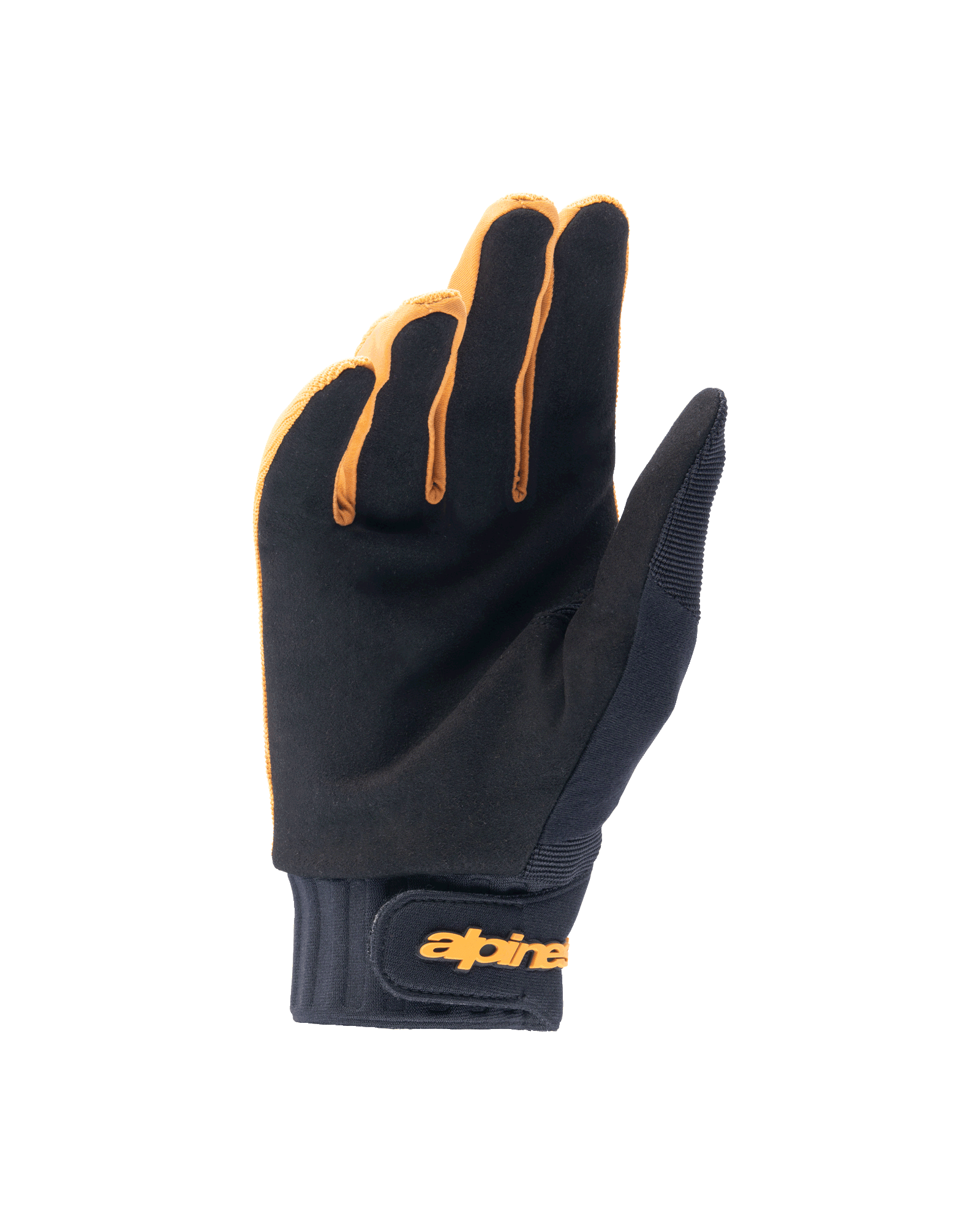 Alpinestars A-Dura handschoenen, mountainbike handschoenen, donkergoud en zwart, binnenzijde toont synthetisch suède materiaal, neopreen manchet met gouden klittenbandsluiting aan de pols, ontworpen voor grip en mobiliteit bij het fietsen
