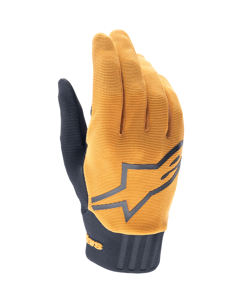 Alpinestars A-Dura handschoenen, MTB-mountainbikehandschoenen, donkergoud en zwart, bovenzijde van getextureerde goudkleurige stof met een groot grijs Alpinestars-logo, zwarte neopreen manchet, ontworpen voor grip en mobiliteit bij off-road fietsen