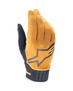 Alpinestars A-Dura handschoenen, MTB-mountainbikehandschoenen, donkergoud en zwart, bovenzijde van getextureerde goudkleurige stof met een groot grijs Alpinestars-logo, zwarte neopreen manchet, ontworpen voor grip en mobiliteit bij off-road fietsen