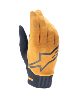 Alpinestars A-Dura Handschuhe, MTB-Mountainbike-Handschuhe, Dunkelgold und Schwarz, strukturiertes goldenes Obermaterial mit großem grauen Alpinestars-Logo, schwarze Neoprenmanschette, entwickelt für Grip und Beweglichkeit beim Geländeradsport