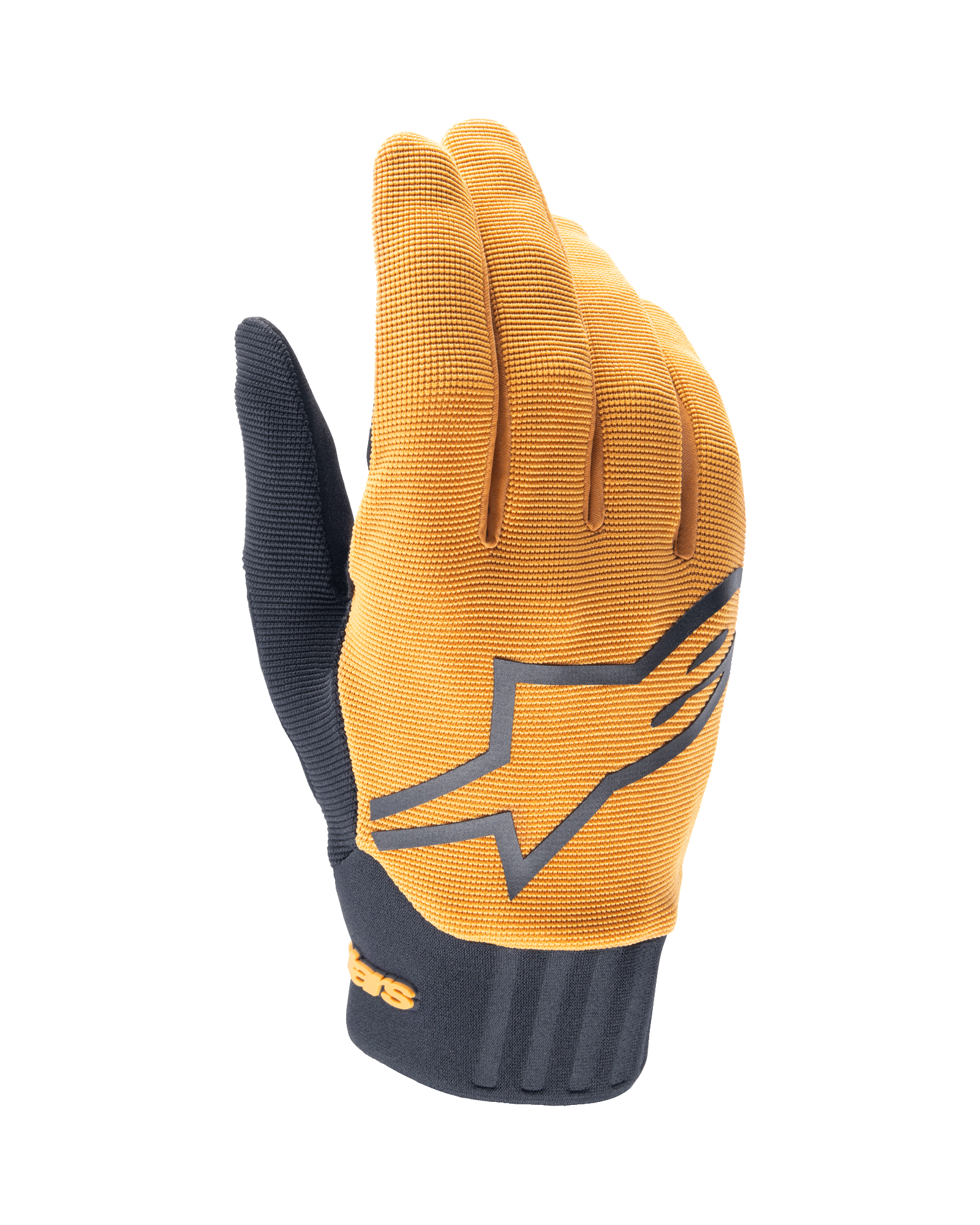 Alpinestars A-Dura Gloves, MTB Mountain Biking Gloves, Dark Gold and Black, textured gold fabric upper with a large grey Alpinestars logo, black neoprene cuff, designed for grip and mobility in off-road cycling