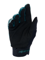 Gants Alpinestars A-Dura, gants de cyclisme VTT, Camo Vert et Noir, vue côté paume montrant un matériau en daim synthétique noir, manchette en néoprène avec sangle à crochet et boucle réglable, logo Alpinestars bleu sarcelle, équipement tout-terrain professionnel