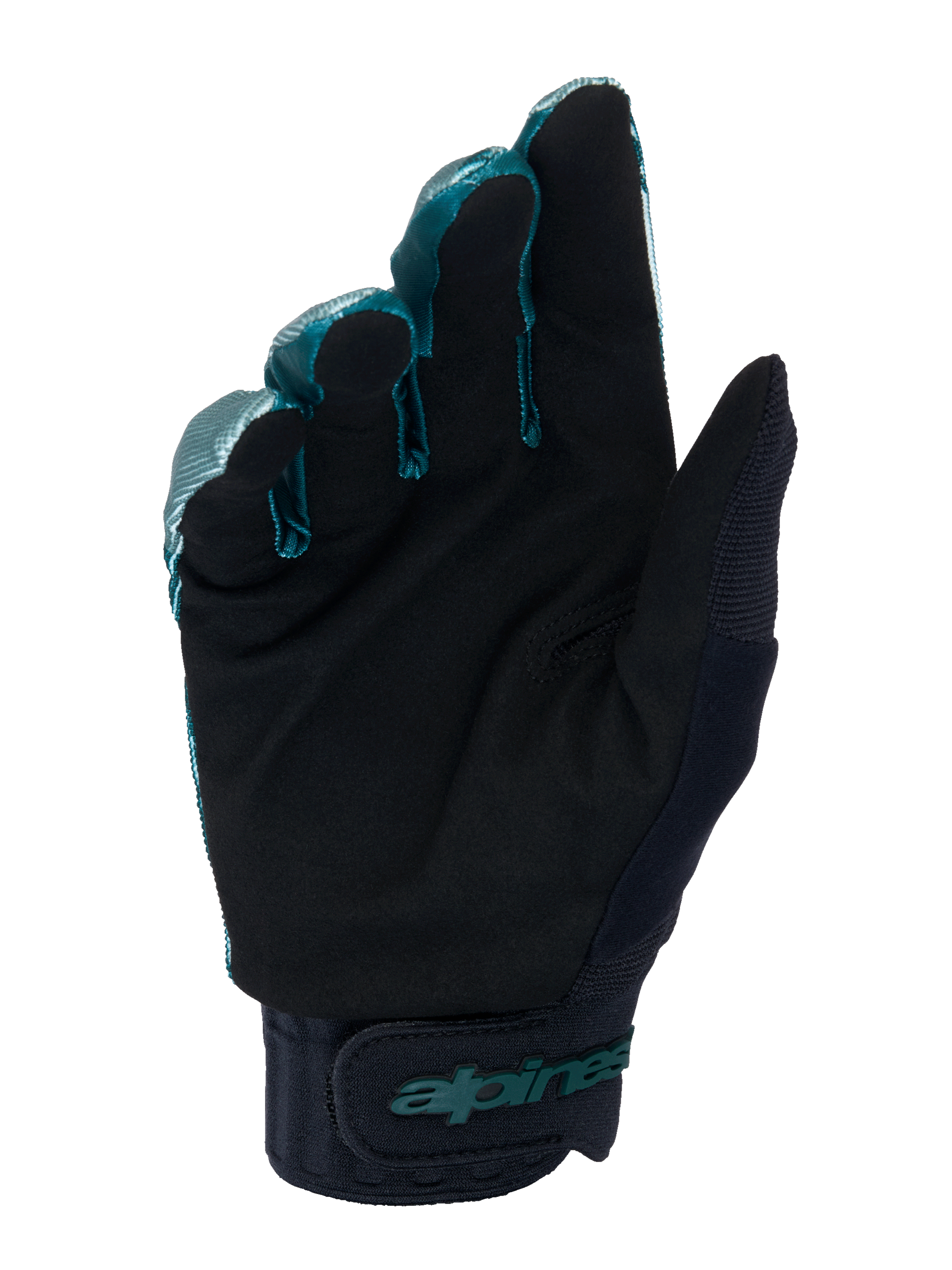 Gants Alpinestars A-Dura, gants de cyclisme VTT, Camo Vert et Noir, vue côté paume montrant un matériau en daim synthétique noir, manchette en néoprène avec sangle à crochet et boucle réglable, logo Alpinestars bleu sarcelle, équipement tout-terrain professionnel