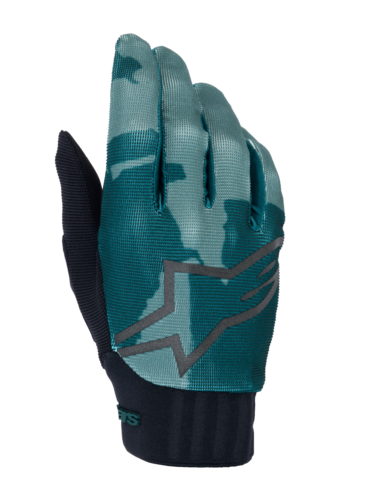 Gants Alpinestars A-Dura, gants de VTT, motif camouflage vert, turquoise et vert foncé avec un grand logo étoile gris, manchette en néoprène côtelé noir, équipement technique pour le cyclisme tout-terrain
