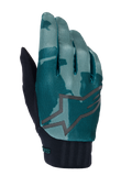 Gants Alpinestars A-Dura, gants de VTT, motif camouflage vert, turquoise et vert foncé avec un grand logo étoile gris, manchette en néoprène côtelé noir, équipement technique pour le cyclisme tout-terrain