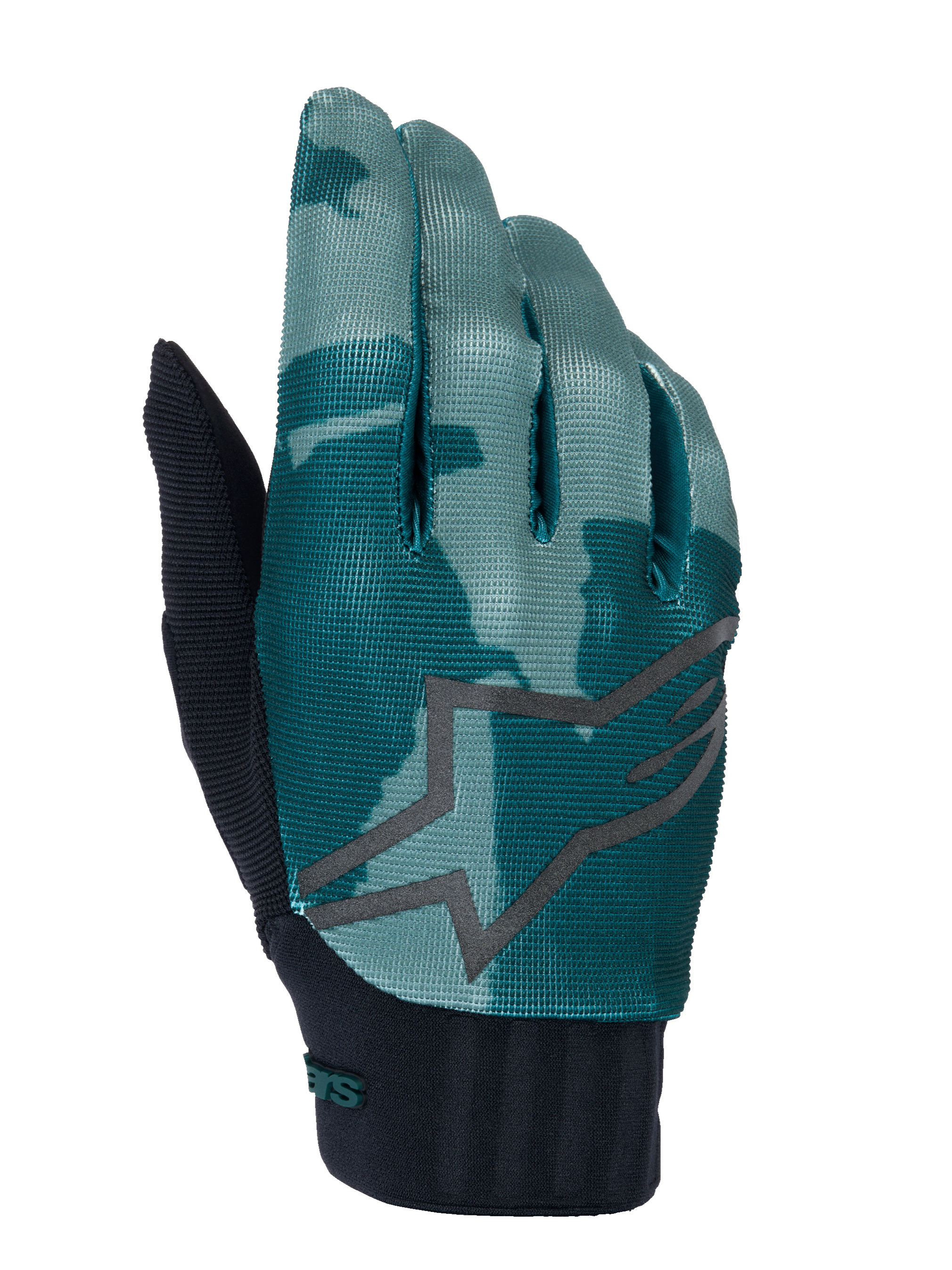 Gants Alpinestars A-Dura, gants de VTT, motif camouflage vert, turquoise et vert foncé avec un grand logo étoile gris, manchette en néoprène côtelé noir, équipement technique pour le cyclisme tout-terrain