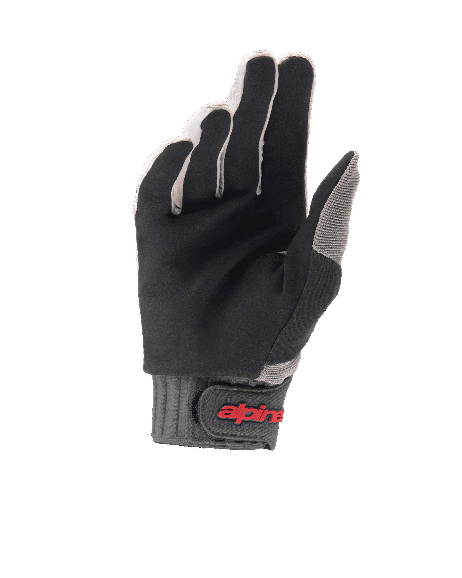 Alpinestars A-Dura Handschuhe, MTB-Fahrradhandschuhe, Hellgrau und Schwarz, Handflächenansicht mit strapazierfähigem synthetischem Wildleder, graue gerippte Manschette mit Klettverschluss und rotem Logo, für optimalen Grip und Komfort beim Mountainbiken