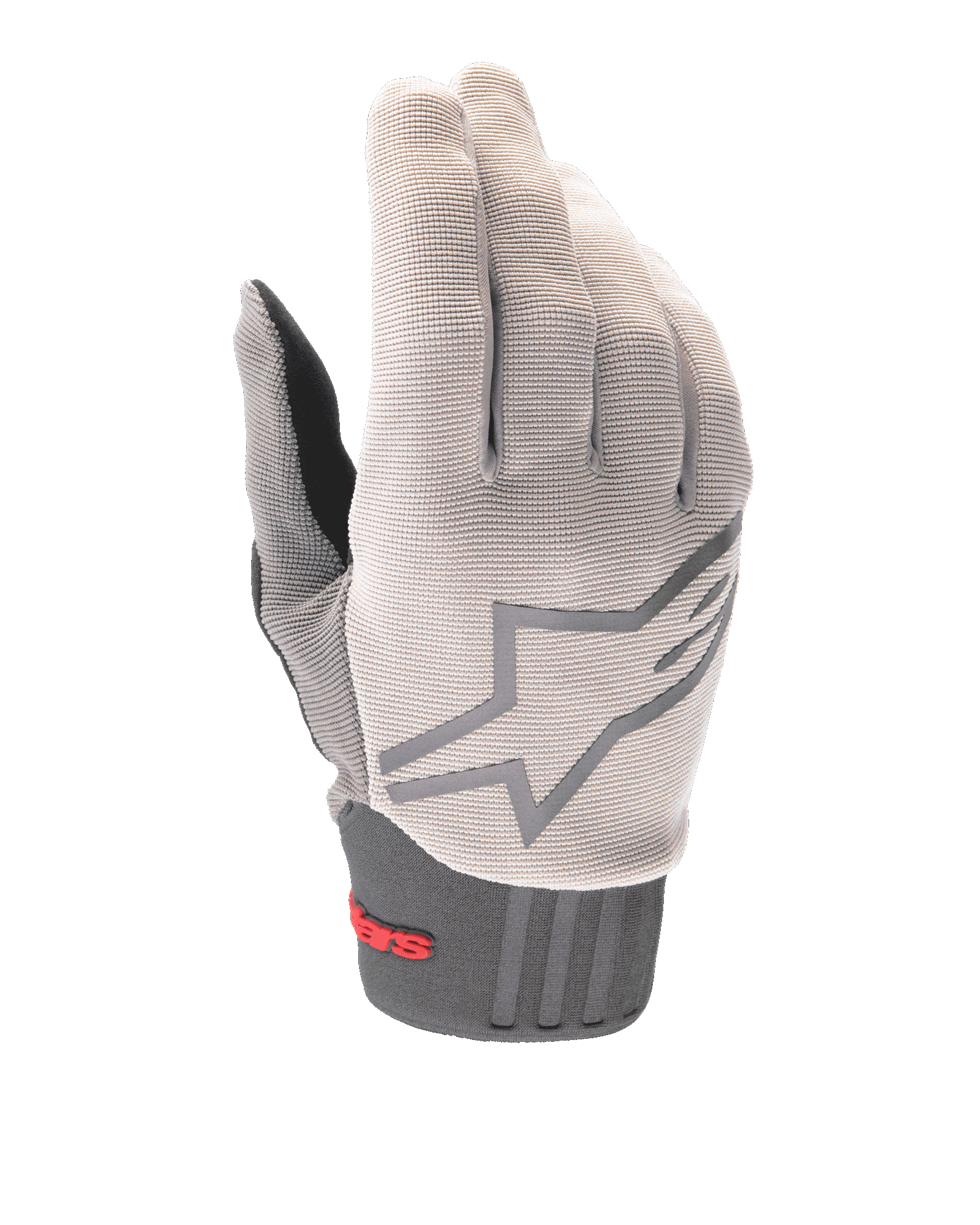 Alpinestars A-Dura handschoenen, mountainbike handschoenen, lichtgrijs en antraciet, met een groot sterlogo op de rug, rood Alpinestars-logo op de neopreen manchet, getextureerde stretchstof aan de bovenkant en ergonomisch ontwerp voor off-road fietsen