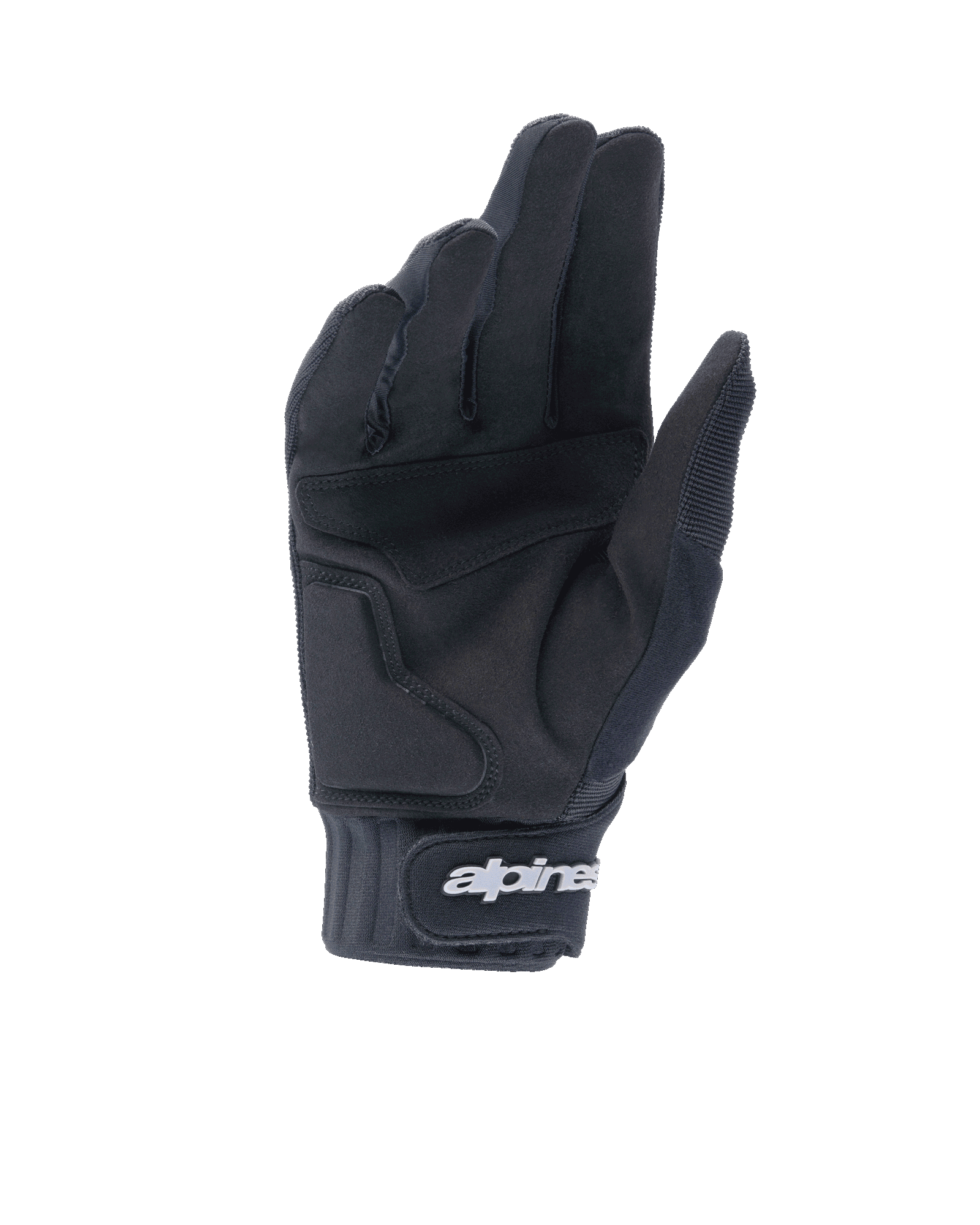 Gants Alpinestars A-Dura Gel, gants de VTT noirs, vue de la paume montrant la construction en daim synthétique et le rembourrage en gel, manchette en néoprène avec fermeture à scratch arborant le logo Alpinestars blanc, équipement de cyclisme ergonomique pour le trail et l'enduro