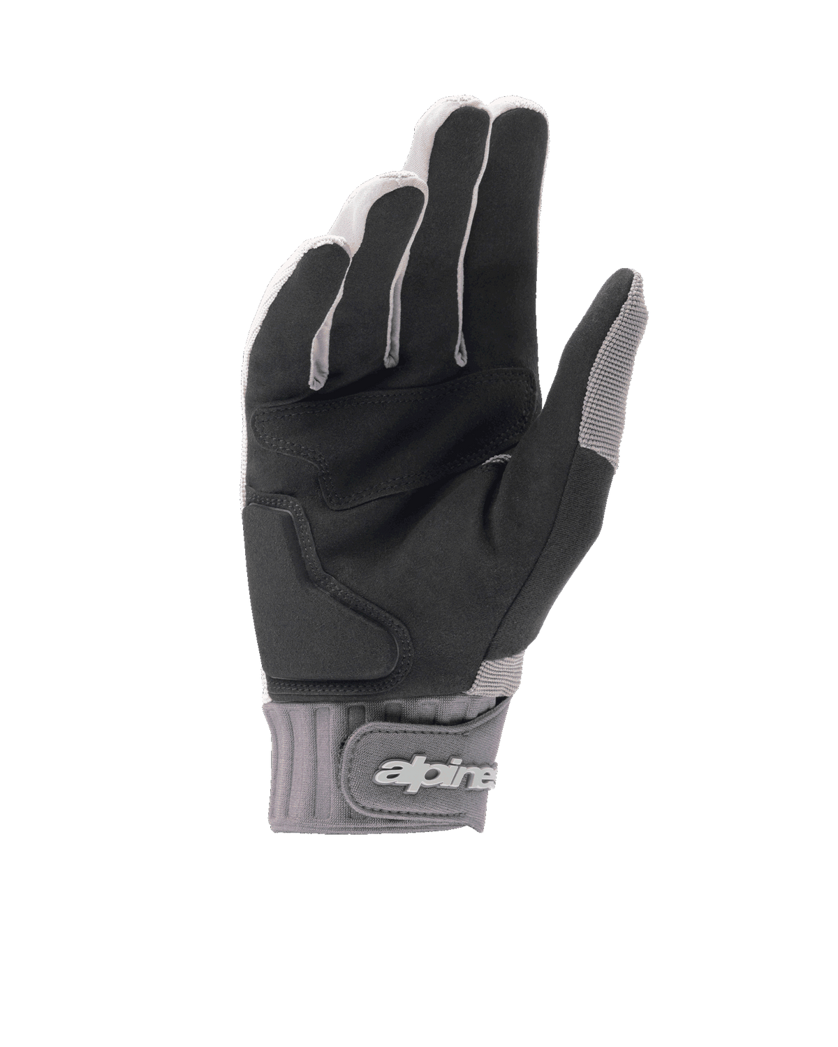 Alpinestars A-Dura Gel-handschoenen, lichtgrijze en zwarte mountainbikehandschoenen, handpalmzicht met zwart synthetisch suède en gel-inzetvulling, neopreen manchet met klittenbandsluiting bij de pols voorzien van merklogo, ergonomische fietsuitrusting