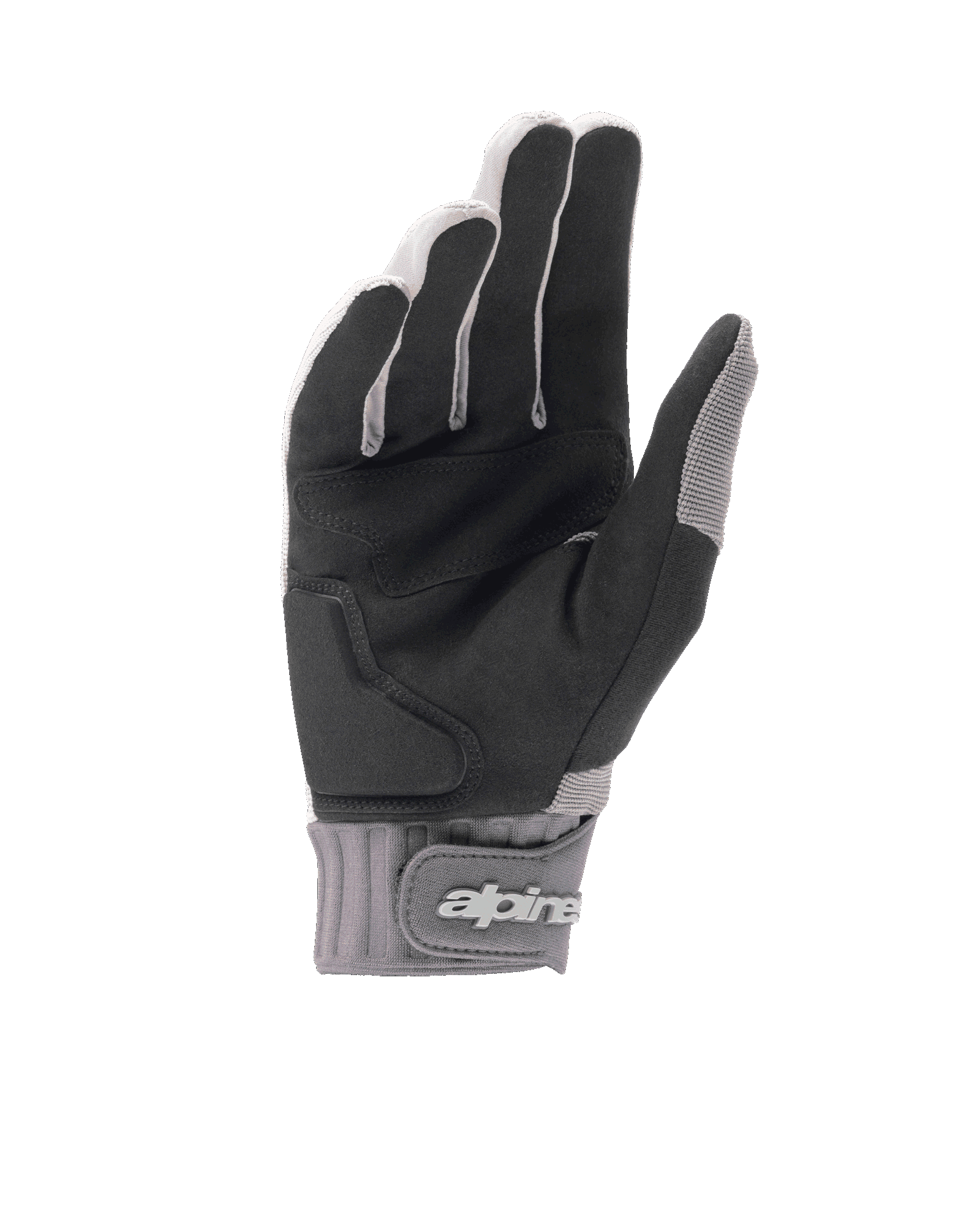 Alpinestars A-Dura Gel-handschoenen, lichtgrijze en zwarte mountainbikehandschoenen, handpalmzicht met zwart synthetisch suède en gel-inzetvulling, neopreen manchet met klittenbandsluiting bij de pols voorzien van merklogo, ergonomische fietsuitrusting