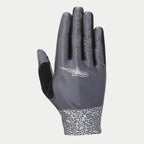 Gants Stella Alderex Pro Femme d'Alpinestars, gants de VTT gris anthracite avec dos texturé en diagonale, logo Alpinestars blanc, empiècement en éponge noire sur le pouce et poignet à motifs abstraits, équipement de cyclisme tout-terrain