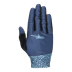 Alpinestars Stella Alderex Pro dameshandschoenen, Mid Blue, MTB- en off-road fietshandschoenen, bovenaanzicht met ademend stretchmesh, lichtblauw logo, abstract doodle-patroon op de manchet en zwarte badstof patch op de duim