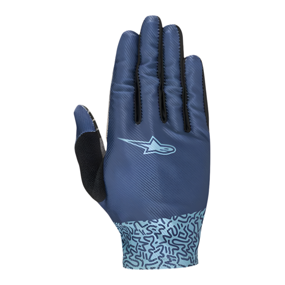 Alpinestars Stella Alderex Pro dameshandschoenen, Mid Blue, MTB- en off-road fietshandschoenen, bovenaanzicht met ademend stretchmesh, lichtblauw logo, abstract doodle-patroon op de manchet en zwarte badstof patch op de duim