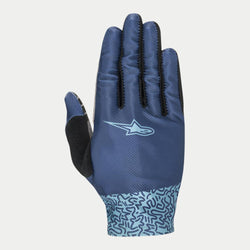Alpinestars Stella Alderex Pro handschoenen, MTB-handschoenen voor dames, Mid Blue, met een donkerblauwe handrug met textuur en een lichtblauw sterlogo, een lichtblauwe manchet met patroon en een zwarte patch op de duim, ontworpen voor off-road fietsen