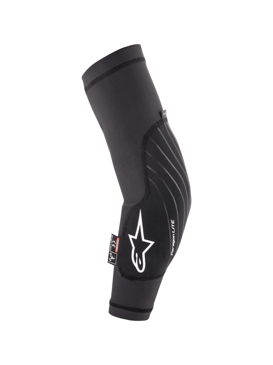 Coudières Alpinestars Youth Paragon Lite, protection VTT légère pour enfant, noir avec logo étoile blanc et marquage Paragon LITE, manchon en maille respirante, design ergonomique incurvé avec panneau avant durable