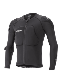Alpinestars Youth Paragon Lite Protection Jacket, MTB-beschermingsjack met lange mouwen, zwart met witte logo's, ritssluiting aan de voorzijde, gewatteerde borst- en schouderbescherming, ademende mesh mouwen, lichtgewicht flexibel ontwerp voor jeugd mountainbiken