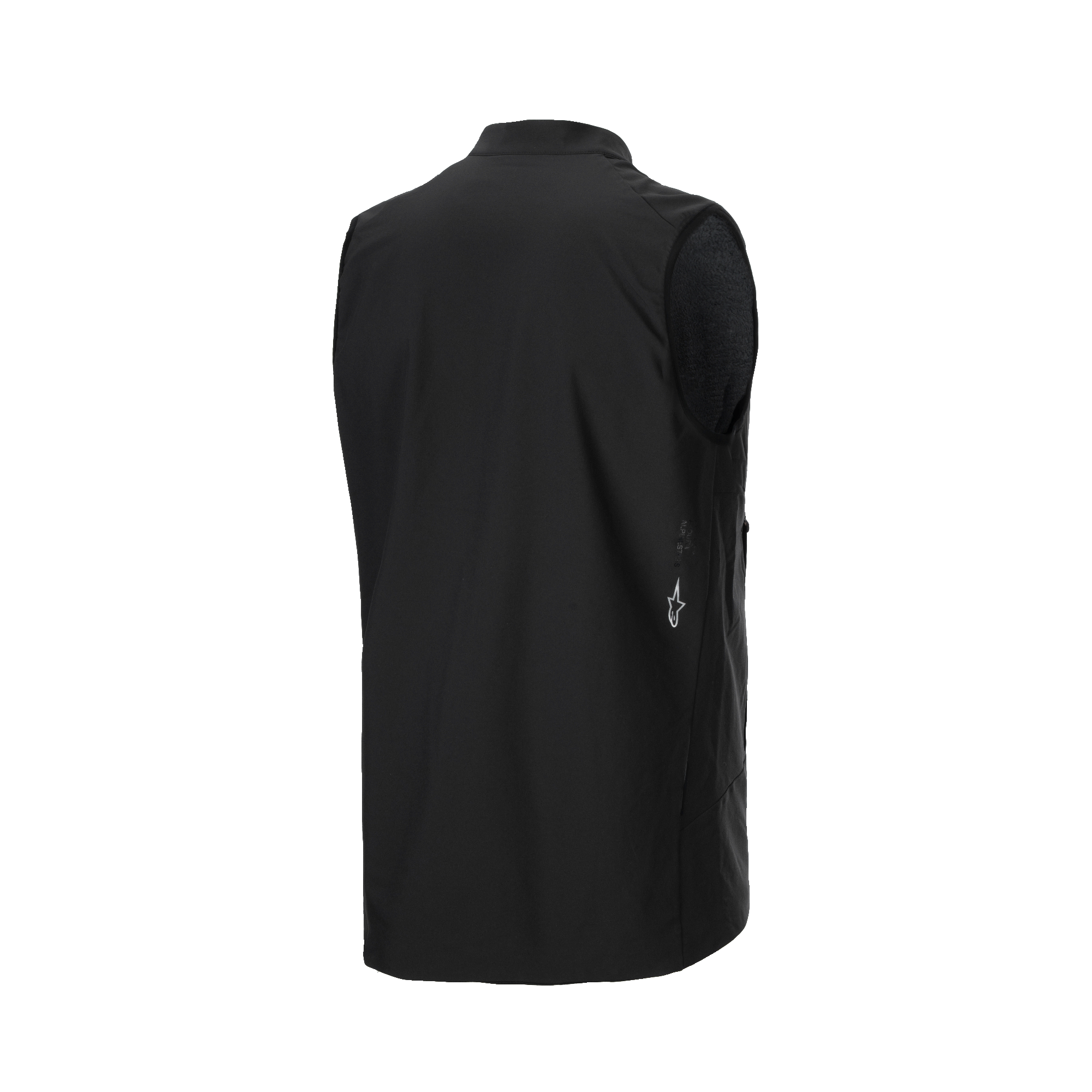 Gilet thermique Alpinestars A-Dura, gilet de cyclisme noir, vue de trois-quart arrière montrant un tissu lisse et un petit logo Alpinestars blanc sur le côté inférieur, isolation thermique légère pour le VTT