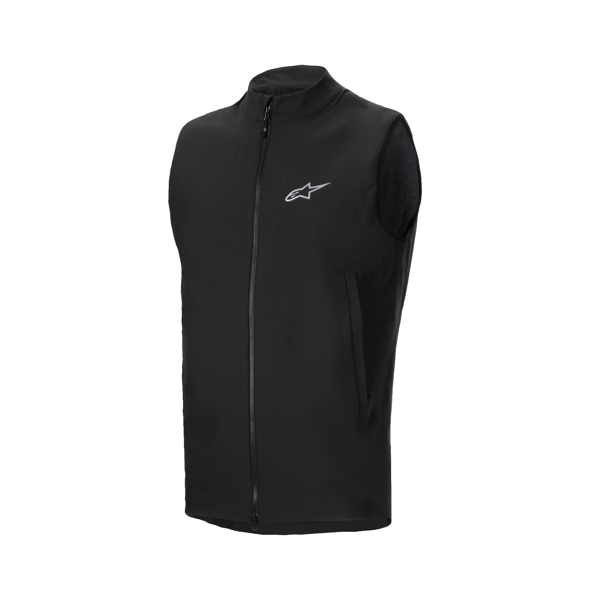 Gilet thermique Alpinestars A-Dura, gilet de cyclisme noir, doté d'une fermeture éclair frontale intégrale et d'un petit logo Alpinestars réfléchissant sur la poitrine, poches latérales zippées, conception isolée légère pour le VTT par temps froid