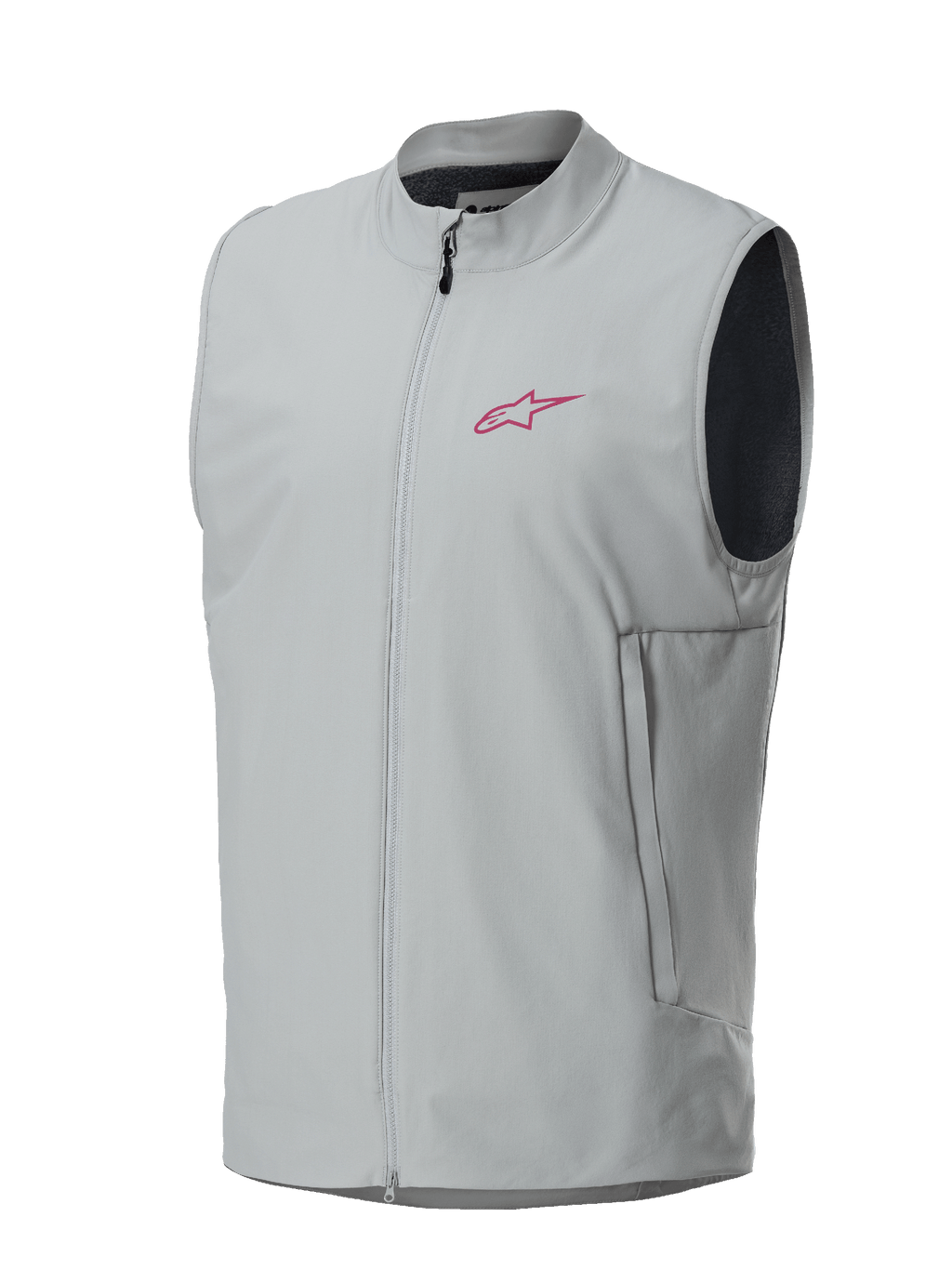 Gilet thermique Alpinestars A-Dura, gris titanium, logo étoile Alpinestars magenta sur la poitrine, fermeture éclair intégrale avec poches latérales verticales, gilet isolant léger pour le VTT et le trail